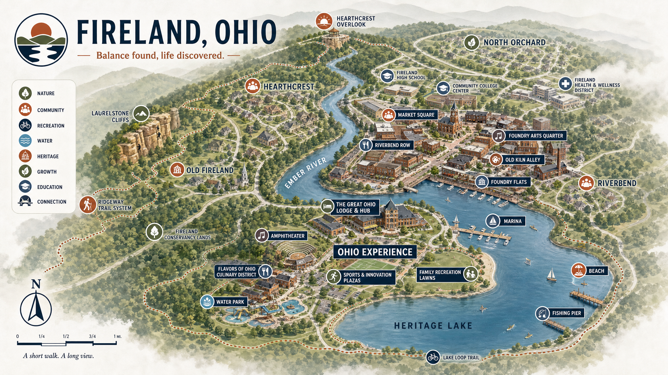 Illustrated map of Fireland, Ohio showing downtown, neighborhoods, the Iron Furnace River, the Ohio Experience, and the surrounding state forest